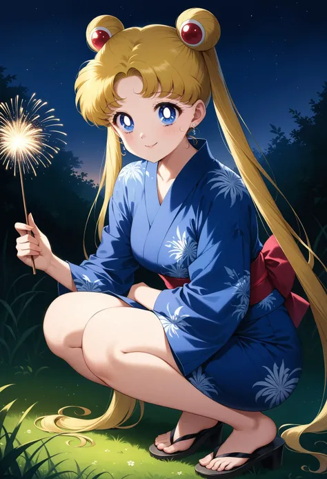 (masterpiece, best quality, very aesthetic, ultra detailed), intricate details, 4k, aausagi, long hair, double bun, twintails, parted bangs, earrings, blue eyes, <lora:sailor_moon_animaginexl_v1:0.9>, grass, smile, holding fireworks, night, yukata, kimono, smile, squatting, sandals,
