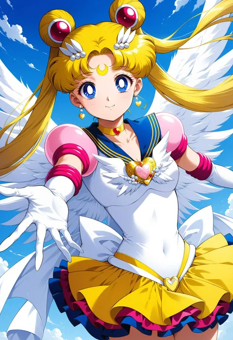 (masterpiece, best quality, very aesthetic, ultra detailed), intricate details, 4k, aausagi, long hair, double bun, twintails, hair ornament, parted bangs, forehead mark, earrings, blue eyes, wings, heart choker, blue sailor collar, heart brooch, white shirt, puffy short sleeves, elbow gloves, white gloves, yellow skirt, layered skirt,  <lora:sailor_moon_animaginexl_v1:0.9>, blue sky, reaching, outstretched arms, flying, smile, knee boots, white footwear,