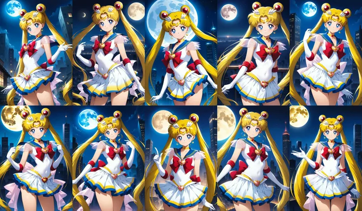 (masterpiece, best quality, very aesthetic, ultra detailed), intricate details, 4k, aausagi, long hair, double bun, twintails, hair ornament, parted bangs, tiara, earrings, blue eyes, heart choker, blue sailor collar, red bow, white shirt, see-through, elbow gloves, white gloves, multicolored skirt, white skirt, <lora:sailor_moon_animaginexl_v1:0.9>, moon, city, standing, cowboy shot,