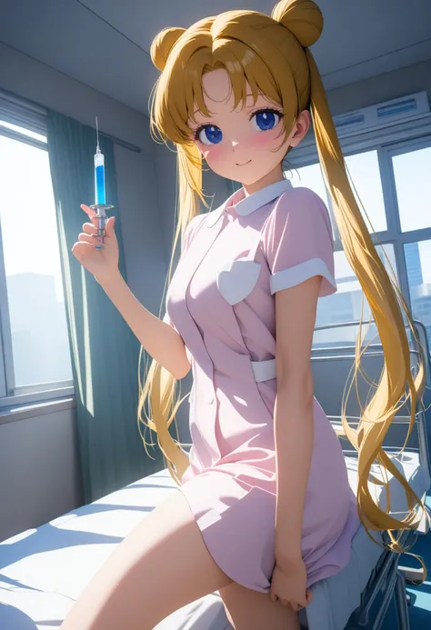 1girl, solo, aausagi, long hair, double bun, twintails, parted bangs, blue eyes, twintails, smile,half closed eyes,nurse uniform,
Syringe in hand,bed,window,curtain,hospital room,looking at viewer, day ,outdoors,
masterpiece, best quality, very aesthetic, absurdres, highly detailed,Perfect features,Ray Tracing,newest,<lora:neg4all_bdsqlsz_xl_V7:1>, <lora:JAPAN_Kitchen_SDXL_V1:0.6>, <lora:sailor_moon_animaginexl_v1:0.6>, <lora:sdxl-flat:1> , <lora:nurse_uniform_xl_v1_1:1>