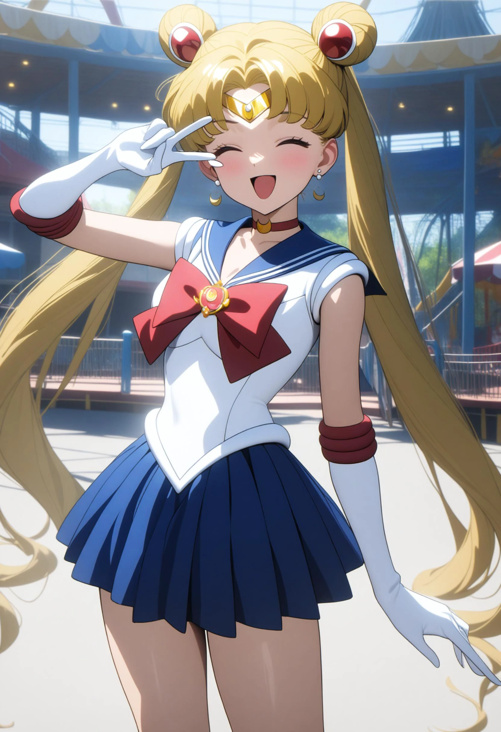 1girl, solo, aausagi, long hair, double bun, twintails, parted bangs, tiara, earrings, closed eyes, open mouth,red choker, blue sailor collar, red bow, white shirt, elbow gloves, white gloves, blue skirt,smile,v over eye, |||,cowboy shot, amusement park,day ,indoors,
masterpiece, best quality, very aesthetic, absurdres, highly detailed,Perfect features,Ray Tracing,newest,<lora:neg4all_bdsqlsz_xl_V7:1>, <lora:JAPAN_Kitchen_SDXL_V1:0.6>, <lora:sailor_moon_animaginexl_v1:0.6>, <lora:v_over_head_XL_v1_wasabiya:1>