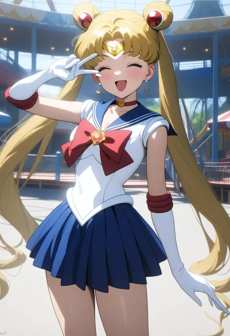 1girl, solo, aausagi, long hair, double bun, twintails, parted bangs, tiara, earrings, closed eyes, open mouth,red choker, blue sailor collar, red bow, white shirt, elbow gloves, white gloves, blue skirt,smile,v over eye, |||,cowboy shot, amusement park,day ,indoors,
masterpiece, best quality, very aesthetic, absurdres, highly detailed,Perfect features,Ray Tracing,newest,<lora:neg4all_bdsqlsz_xl_V7:1>, <lora:JAPAN_Kitchen_SDXL_V1:0.6>,  <lora:sailor_moon_animaginexl_v1:0.6>,  <lora:v_over_head_XL_v1_wasabiya:1>