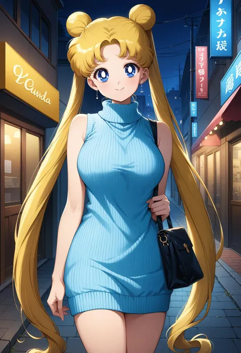 (masterpiece, best quality, very aesthetic, ultra detailed), intricate details, 4k, aausagi, long hair, double bun, twintails, parted bangs, earrings, blue eyes, <lora:sailor_moon_animaginexl_v1:0.9>, ribbed sweater, sweater dress, sleeveless, turtleneck, shoulder bag, smile, night, street, standing, cowboy shot,