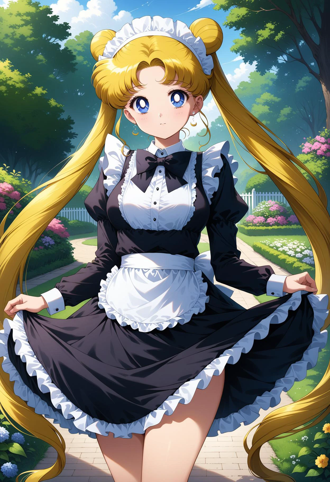 (masterpiece, best quality, very aesthetic, ultra detailed), intricate details, 4k, aausagi, long hair, double bun, twintails, parted bangs, earrings, blue eyes, <lora:sailor_moon_animaginexl_v1:0.9>, maid, maid headdress, garden, standing, cowboy shot, skirt hold,