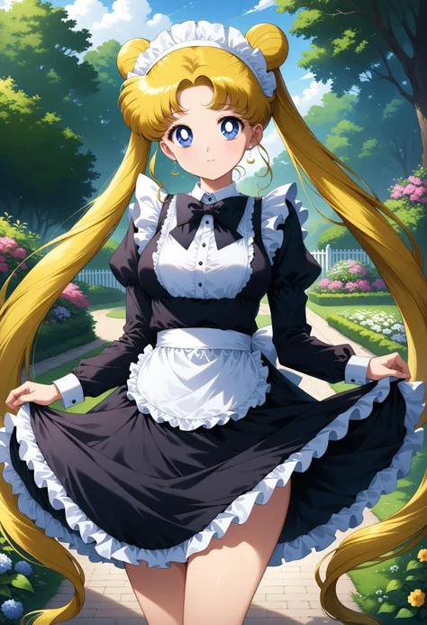 (masterpiece, best quality, very aesthetic, ultra detailed), intricate details, 4k, aausagi, long hair, double bun, twintails, parted bangs, earrings, blue eyes, <lora:sailor_moon_animaginexl_v1:0.9>, maid, maid headdress, garden, standing, cowboy shot, skirt hold,