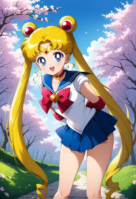 (masterpiece, best quality, very aesthetic, ultra detailed), intricate details, 4k, aausagi, long hair, double bun, twintails, parted bangs, tiara, earrings, blue eyes, red choker, blue sailor collar, red bow, white shirt, elbow gloves, white gloves, blue skirt, <lora:sailor_moon_animaginexl_v1:0.9>, smile, open mouth, arms behind back, cherry blossoms, standing, cowboy shot, outdoors, leaning forward