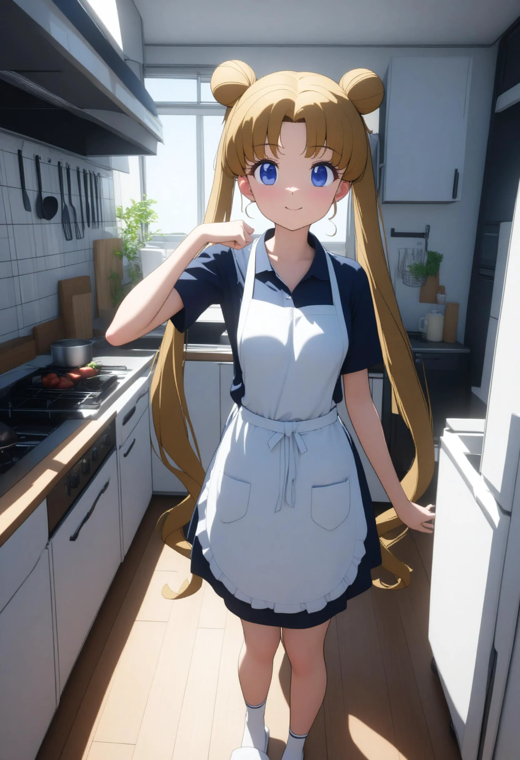 1girl, solo, aausagi, long hair, double bun, twintails, parted bangs, blue eyes, apron, twintails, white socks,slippers,happy pose,JPkitchen, kitchen, , looking at viewer, day ,indoors,
masterpiece, best quality, very aesthetic, absurdres, highly detailed,Perfect features,Ray Tracing,newest,<lora:neg4all_bdsqlsz_xl_V7:1>, <lora:JAPAN_Kitchen_SDXL_V1:0.6>, <lora:sailor_moon_animaginexl_v1:0.6>, <lora:sdxl-flat:1>