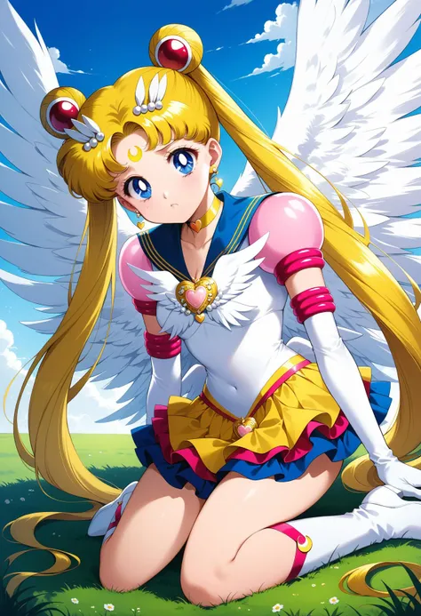 (masterpiece, best quality, very aesthetic, ultra detailed), intricate details, 4k, aausagi, long hair, double bun, twintails, hair ornament, parted bangs, forehead mark, earrings, blue eyes, wings, heart choker, blue sailor collar, heart brooch, white shirt, puffy short sleeves, elbow gloves, white gloves, yellow skirt, layered skirt,  <lora:sailor_moon_animaginexl_v1:0.9>, boots, white footwear, wariza, grass, pout,