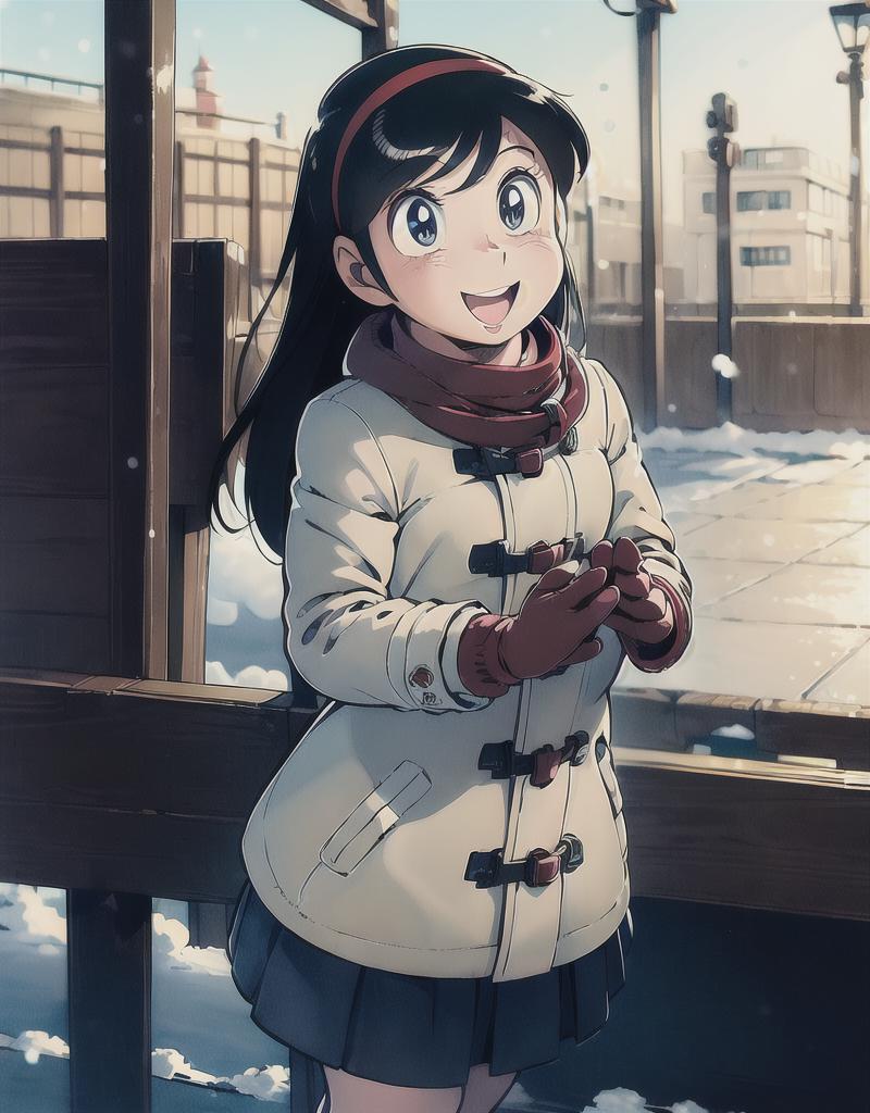 A woman in a white coat standing in the snow - SeaArt AI