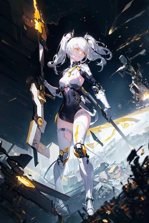 Masterpiece, Best Quality, post apocalyptic, surface on the moon, background, buildings on fire, space ship in sky, science fiction, 1girl, (thine Body:1.4), HDR, Ray Tracing, NVIDIA RTX, Super-Resolution, Unreal 5, Subsurface Scattering, PBR Texturing, Post-Processing, Anisotropic Filtering, Depth-Of-Field, Maximum Clarity And Sharpness, Multi-Layered Textures, Albedo And Specular Maps, Surface Shading, Accurate Simulation Of Light-Material Interaction, Octane Render, Two-Tone Lighting, Low ISO, White Balance, Wide Aperture, 8K RAW, Efficient Sub-Pixel, Sub-Pixel Convolution, (Luminescent Particles:1.4), Extremely Detailed CG, Unity 8k Wallpaper, 3D, Cinematic Lighting, Lens Flare, bangs, breasts, gloves, hair_ornament, short hair, solo, sliver hair, twintails, ((sliver white coating)), frills, full body, High Angle Shot, holding a long-handled power hammer, (mechanical legs:1.4), <lora:add_detail:0.2>, <lora:Karenina:0.9>, <lora:A-Mecha-REN:[white theme]1>, <lora:reelmech1v2:0.5>, reelmech, full armor,