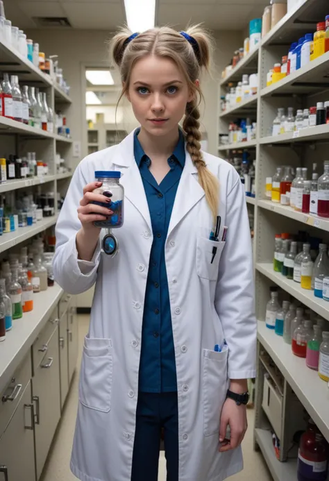 (medium full shot) of (unconventional mad scientist) young woman, australian, pale skin, blue eyes, tiny build, extra long hazel pigtails hair, wearing a disheveled dark blue lab coat ,  mismatched pants, high-top sneakers, holding a brain in a jar, set in  Chemical Lab, shelves filled with colorful chemicals in various containers, lab benches covered with experimental setups, fume hoods, safety showers, scattered lab equipment, electrical sparks, woman smiling, Masterpiece,best quality, photo, realistic, very aesthetic, detailed face,