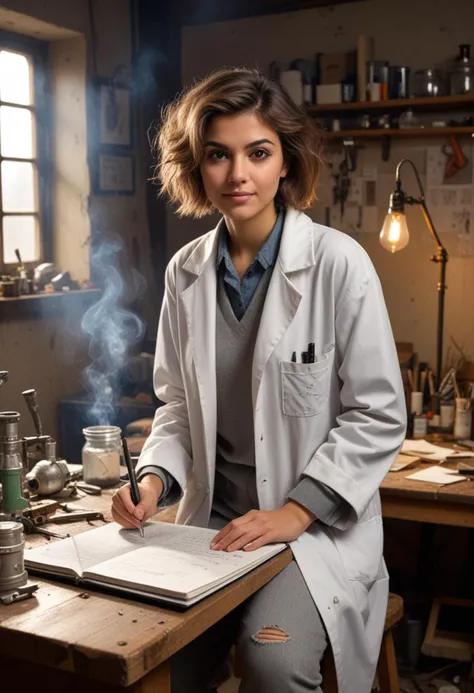 (medium full shot) of (manic mad scientist) young woman, persian, tan skin, light brown eyes, tiny build, medium hazel inverted bob hair, wearing a vintage lab coat , grey sweater, torn trousers, sneakers with holes, holding a lab notebook, set in  Workbench Area, an old wooden table covered with strange tools and devices, half-finished experiments, scattered notes, a rickety stool, a small window letting in a shaft of light, lot of smoke, woman smiling, Masterpiece,best quality, photo, realistic, very aesthetic, detailed face,