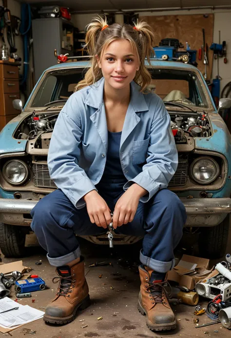 (medium full shot) of (brilliant mad scientist) young woman, american, tan skin, light brown eyes, petite build, medium blonde pigtails hair, wearing a disheveled dark blue lab coat ,  patched pants, worn-out boots, beakers, set in  Main Garage, cluttered with tools and car parts, an old workbench with scattered papers, a vehicle hoist with a partially disassembled car, the smell of oil and gasoline, an old radio playing in the background , fire, at night, woman smiling, ,Masterpiece,best quality, photo, realistic, very aesthetic, detailed face,