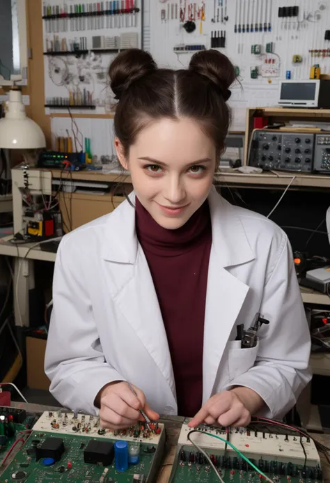 (medium full shot) of (eccentric mad scientist) young woman, philippine, pale skin, brown eyes, willowy build, short dark bun hair, wearing a vintage lab coat , maroon turtleneck, cargo pants, black combat boots, test tubes, set in  Electronics Lab, workbenches with circuit boards, soldering irons, tangled wires, half-finished gadgets, a wall covered in blueprints and schematics, oscilloscopes and other measuring devices, lot of smoke, at night, woman smiling,  ,Masterpiece,best quality, photo, realistic, very aesthetic, detailed face,