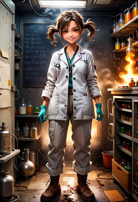 (medium full shot) of (manic mad scientist) young woman, japanese, tan skin, light brown eyes, Average build, short dark dutch braid hair, wearing a vintage lab coat with stains,  comfortable slacks, heavy work boots, safety goggles, set in  Experimental Area, a sectioned-off area with strange devices, bubbling flasks, a chalkboard with cryptic equations, an old fridge filled with mysterious substances, the smell of burning metal , electrical sparks, during a thunderstorm, woman smiling,  ,Masterpiece,best quality, photo, realistic, very aesthetic, detailed face,