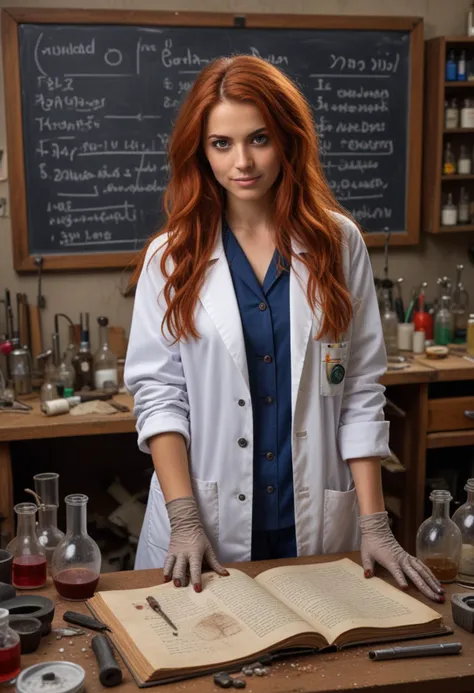 (medium full shot) of (intense mad scientist) young woman, spanish, tan skin, dark Blue eyes, normal build, long red straight down hair, wearing a vintage lab coat with stains,  torn trousers, high-top sneakers, rubber gloves, set in  Laboratory, cluttered workbenches with strange contraptions, shelves filled with arcane instruments, bubbling flasks, a chalkboard with cryptic notes, a large desk with an ancient-looking tome, explosion, during a thunderstorm, woman smiling, Masterpiece,best quality, photo, realistic, very aesthetic, detailed face,