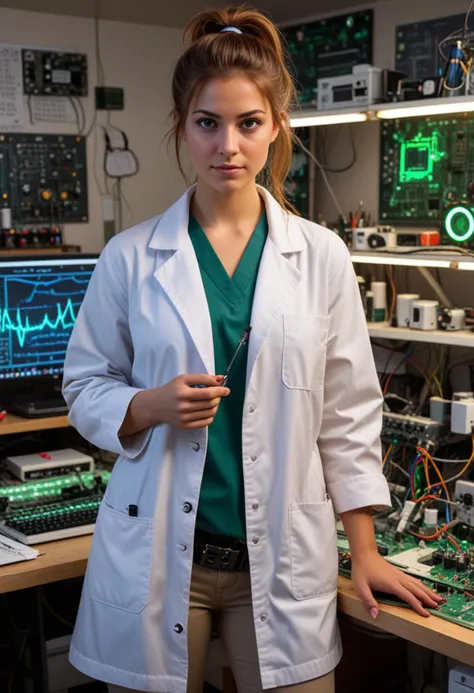 (medium full shot) of (eccentric mad scientist) young woman, brazilian, tan skin, green eyes, Medium build, medium brown ponytail hair, wearing a disheveled white lab coat, mismatched pants, black combat boots, beakers, set in  Electronics Lab, workbenches with circuit boards, soldering irons, tangled wires, half-finished gadgets, a wall covered in blueprints and schematics, oscilloscopes and other measuring devices, at night, woman smiling, Masterpiece,best quality, photo, realistic, very aesthetic, detailed face,