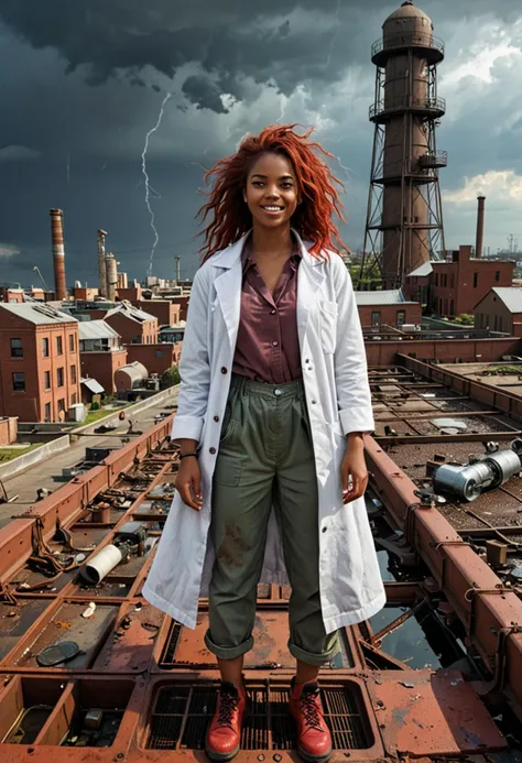 (medium full shot) of (crazed mad scientist) young woman, african, dark skin, brown eyes, lithe build, long red shag cut hair, wearing a vintage lab coat ,  patched pants, scuffed dress shoes, beakers, set in  Rooftop, expansive view of the surrounding area, broken pieces of machinery, an old water tower, metal grating underfoot, a stiff breeze blowing, the sound of distant traffic, electrical sparks, during a thunderstorm, woman smiling, ,Masterpiece,best quality, photo, realistic, very aesthetic, detailed face,