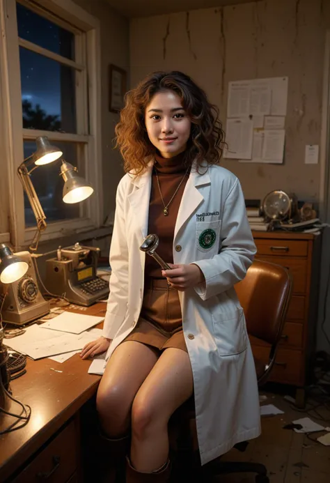 (medium full shot) of (manic mad scientist) young woman, korean, tan skin, light brown eyes, tiny build, extra long brown curly down hair, wearing a disheveled white lab coat , brown turtleneck, patched pants, leather boots, beakers, set in  Office, a small room with a broken desk and chair, old filing cabinets, papers strewn everywhere, a cracked window, a flickering fluorescent light, an old rotary phone, electrical sparks, at night, woman smiling, Masterpiece,best quality, photo, realistic, very aesthetic, detailed face,