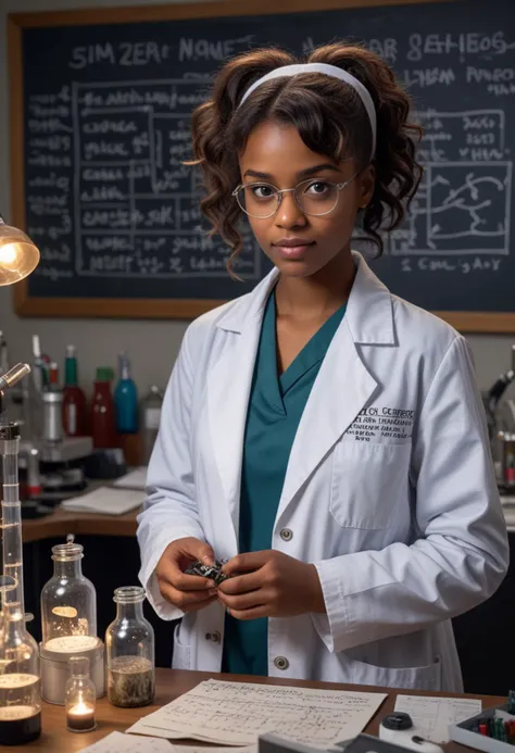 (medium full shot) of (eccentric mad scientist) young woman, south african, dark skin, hazel eyes, petite build, short hazel curtain bangs hair, wearing a disheveled white lab coat, patched pants, heavy work boots, holding a brain in a jar, set in  Main Laboratory, cluttered with strange devices, bubbling test tubes, and scattered notes, dimly lit with flickering lights, a large chalkboard covered in complex equations, at night, woman smiling, Masterpiece,best quality, photo, realistic, very aesthetic, detailed face,