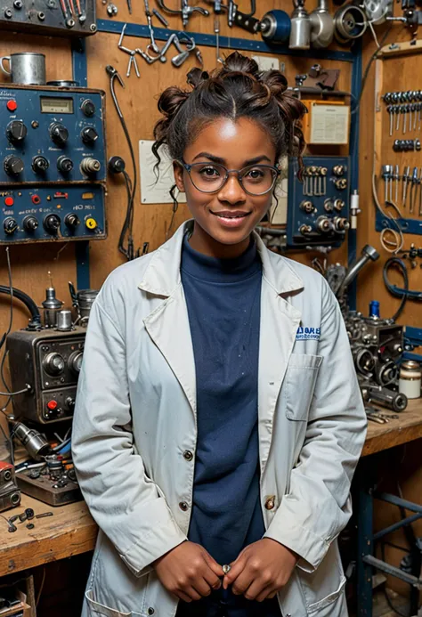 (medium full shot) of (eccentric mad scientist) young woman, south african, dark skin, black eyes, voluptuous build, short hazel messy bun hair, wearing a vintage lab coat , dark blue sweater, comfortable slacks, worn-out boots, safety goggles, set in  Workshop, tools hanging on the walls, a workbench covered with half-finished projects, metal shavings on the floor, a welding station, the smell of oil and grease, an old radio playing static, electrical sparks, woman smiling, ,Masterpiece,best quality, photo, realistic, very aesthetic, detailed face,