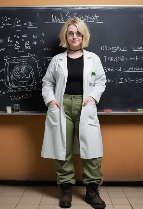 (medium full shot) of (crazed mad scientist) young woman, german, pale skin, light green eyes, full-figured build, short blonde bob hair, wearing a tattered lab coat with stains, black turtleneck, cargo pants, worn-out boots, safety goggles, set in Experimental Area, a sectioned-off area with strange devices, bubbling flasks, a chalkboard with cryptic equations, an old fridge filled with mysterious substances, the smell of burning metal , fire, at night, woman smiling, ,Masterpiece,best quality, photo, realistic, very aesthetic, detailed face,