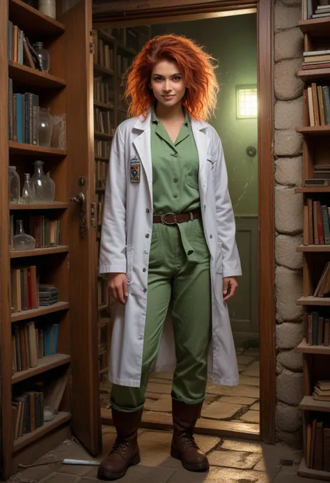 (medium full shot) of (wild-haired mad scientist) young woman, indian, tan skin, light green eyes, full-figured build, medium red hime cut hair, wearing a disheveled white lab coat with stains,  comfortable slacks, heavy work boots, beakers, set in  Secret Entrance, a hidden doorway disguised as a bookshelf, a dimly lit stairway leading down, cobwebs in the corners, old stone walls, a heavy wooden door at the bottom, electrical sparks, during a thunderstorm, woman smiling, Masterpiece,best quality, photo, realistic, very aesthetic, detailed face,