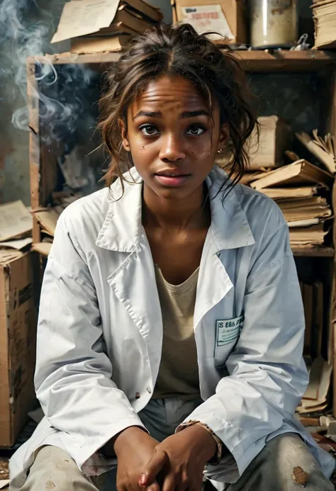 (medium full shot) of (quirky mad scientist) young woman, south african, dark skin, light brown eyes, normal build, extra long hazel bob hair, wearing a disheveled white lab coat with stains, white sweater, ragged pants, high-top sneakers, beakers, set in  Storage Area, old boxes filled with unknown contents, a stack of dusty books, an old wardrobe, a broken mirror, the floor creaking with every step, lot of smoke, during a thunderstorm, woman smiling, ,Masterpiece,best quality, photo, realistic, very aesthetic, detailed face,