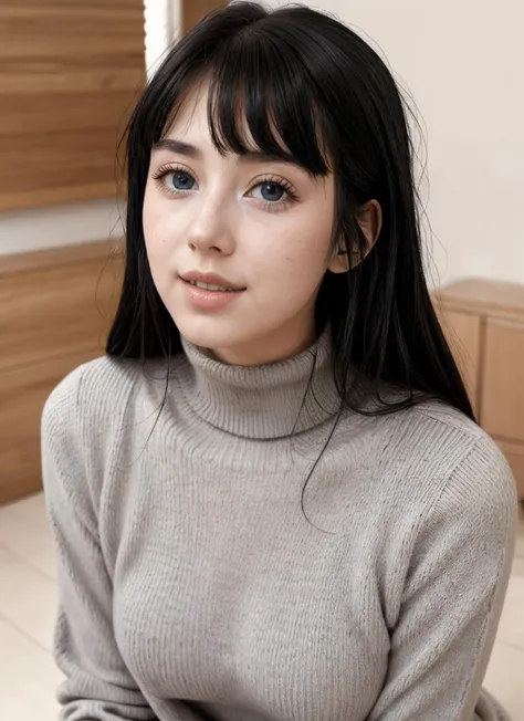 RAW Photo, DSLR, professional color graded, BREAK portrait photograph of girl Daphn3Dar3, black hair, wearing turtleneck sweater, in tanning salon, sharp focus, HDR, 8K resolution, intricate detail, sophisticated detail, depth of field, analogue RAW DSLR, photorealistic, looking at viewer,, <lora:detailed_eye:0.8>, <lora:Daphn3Dar3:0.65>