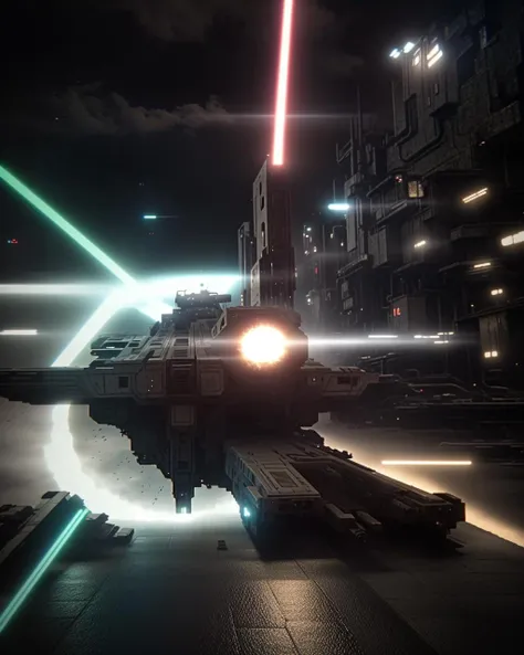 Intense sci-fi battle scene with lasers, explosions, and futuristic weapons. High definition, cinematic 3D rendering, atmospheric lighting, hyper-realistic, and insanely detailed. Inspired by Star Wars, Blade Runner, and The Matrix.