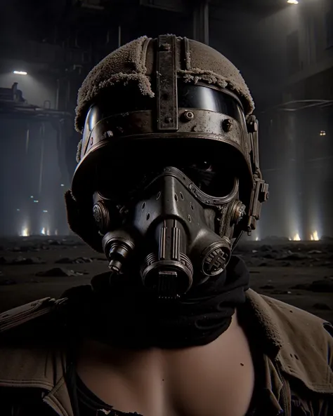 character  from horizon video game, holographic hud,  A haunting portrait of a lone survivor in a post-apocalyptic wasteland, with tattered clothes, with intricate headwear, a gas mask, and a look of determination. Captured with stunning realism and atmospheric lighting.  ,  neotraditional cyberpunk , horizon forbidden west  video game,  reflective materials