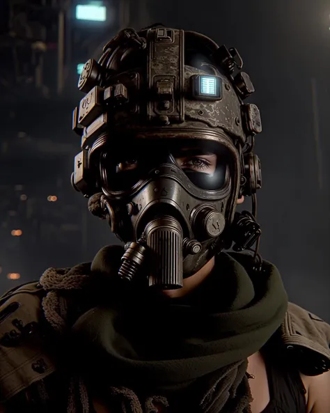 character from horizon video game, holographic hud, A haunting portrait of a lone survivor in a post-apocalyptic wasteland, with tattered clothes, with intricate headwear, a gas mask, and a look of determination. Captured with stunning realism and atmospheric lighting. , neotraditional cyberpunk , horizon forbidden west video game, reflective materials