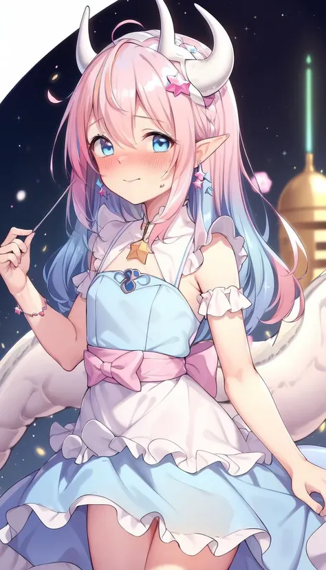(Messy Wide hair:1.3), masterpiece, best quality, (shy), (Innocent:1.5), (Yuta:1.0), less light, (star accessory on gown:1.4), (hair accessory:1.3), (hair pins:1.3), Medium hair, small breast, POINTY EARS, smoothing, (Hear jewel hair ornament:1.3), (beautiful:1.2), (blue eyes), space eyes, HD, extra detailed, smile, (Cute:1.1), (Light Pink hair:1.5), hair above cheeks:1.5), (white dragon horns:1.3), Small Medium chest, (Sakura samsara background:1.3), Buildings, trees, Sky with stars, (Cute:1.2), (Light blue layer:1.5), (Light blue hair:1.4), Circle dress, (Frills:1.2), Slight spread legs, (Gradient hair:1.4), (Blush:1.4), (shy:1.4), Close up, (Pink skirt:1.2), Print on skirt, <lyco:shennai_misha:0.7>, shennai_misha