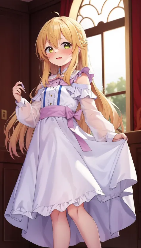 masterpiece, best quality, 1girl, long hair, <lyco:shennai_misha:0.7>, shennai_misha, Yellow hair, Dress