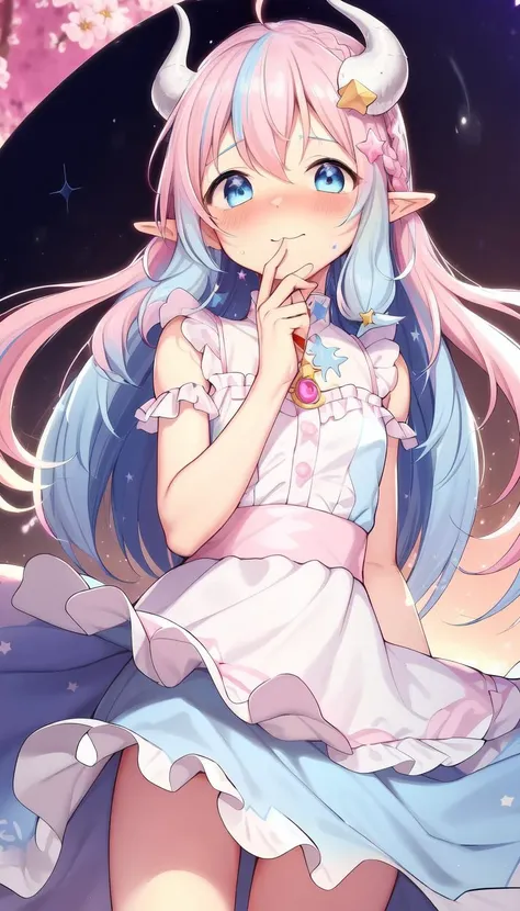 (Messy Wide hair:1.3), masterpiece, best quality, (shy), (Innocent:1.5), (Yuta:1.0), less light, (star accessory on gown:1.4), (hair accessory:1.3), (hair pins:1.3), (on wind:1.5), Medium hair, small breast, POINTY EARS, smoothing, (Hear jewel hair ornament:1.3), (beautiful:1.2), (blue eyes), space eyes, HD, extra detailed, smile, (Cute:1.1), (Light Pink hair:1.5), hair above cheeks:1.5), (white dragon horns:1.3), Small Medium chest, (Sakura samsara background:1.3), Buildings, trees, Sky with stars, (Cute:1.2), (Light blue layer:1.5), (Light blue hair:1.4), Circle dress, (Frills:1.2), Slight spread legs, (Gradient hair:1.4), (Blush:1.4), (shy:1.4), Close up, (Pink skirt:1.2), Print on skirt, <lyco:shennai_misha:0.7>, shennai_misha