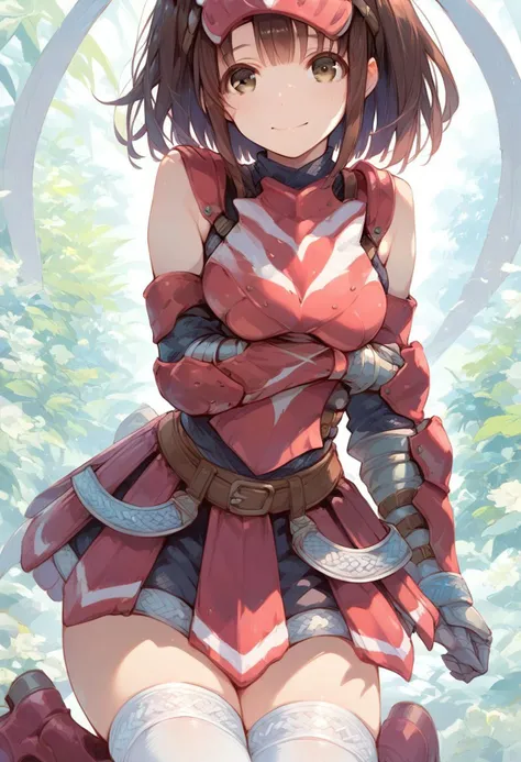 score_9, score_8_up, score_7_up, best quality, masterpiece, source_anime, BREAK, 
embarrassed, blush, 
small breast, smiling,
megumi katou, brown hair, brown eyes, short hair, white thighhighs,
1girl, detailed face, cute face,
Hermitaur armor x, Hermitaur armor, pink gauntlets, pink boots, pink clothes, sleeveless,
dynamic pose,