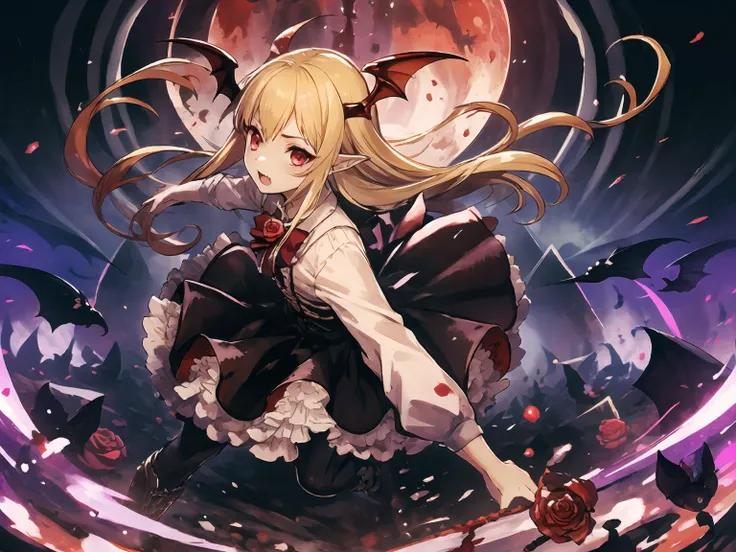 masterpiece,best quality,highres,cinematic lighting,dramatic angle,<lora:VampyAllV1-000020:0.8>,1girl,blonde hair,red eyes,head wings,fangs,looking at viewer,white shirt,corset,frills,black skirt,bowtie,rose,pantyhose,Vampy,bats,serious,fighting stance,casting spell,blood moon,glowing eyes,dynamic angle,dark magic,aura,blood magic,