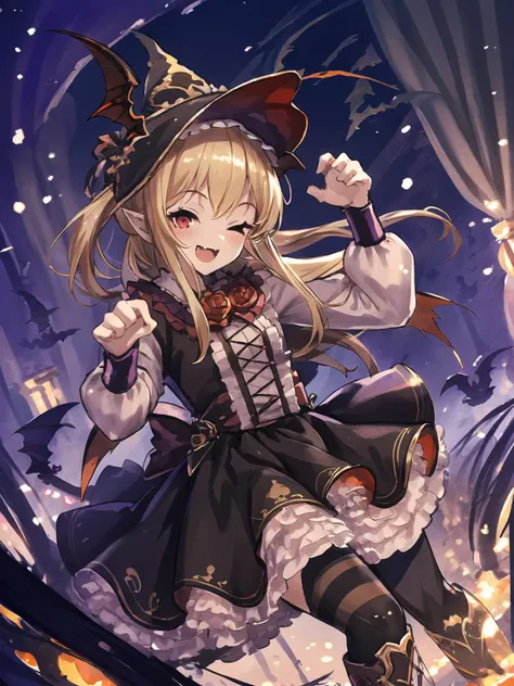 masterpiece,best quality,highres,cinematic lighting,dramatic angle,<lora:VampyAllV1-000020:0.8>,1girl,blonde hair,red eyes,head wings,fangs,looking at viewer,halloween, dress,frills,hat,bats,paw pose,happy,striped legwear,boots,VampyHalloween,rose,one eye closed,