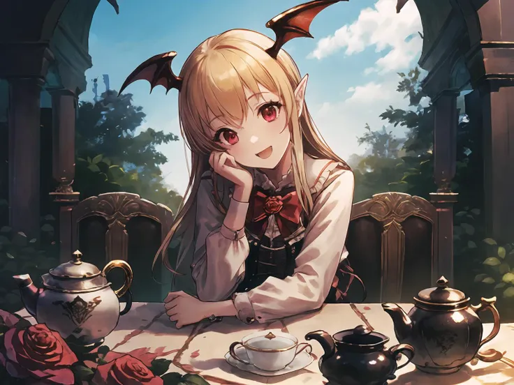 masterpiece,best quality,highres,cinematic lighting,dramatic angle,<lora:VampyAllV1-000020:0.8>,1girl,blonde hair,red eyes,head wings,fangs,looking at viewer,white shirt,corset,black skirt,frills,happy,pantyhose,boots,Vampy,rose,bowtie,black tea,afternoon tea,garden yard,deserts,sitting across table,tea cup,elbow on table,hand supporting own cheek,head tilt,