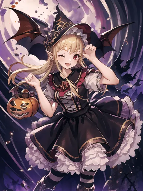 masterpiece,best quality,highres,cinematic lighting,dramatic angle,<lora:VampyAllV1-000020:0.8>,1girl,blonde hair,red eyes,head wings,fangs,looking at viewer,halloween,black dress with white short sleeves,frills,hat,bats,paw pose,happy,striped,pantyhose,boots,VampyHalloween,rose,one eye closed,