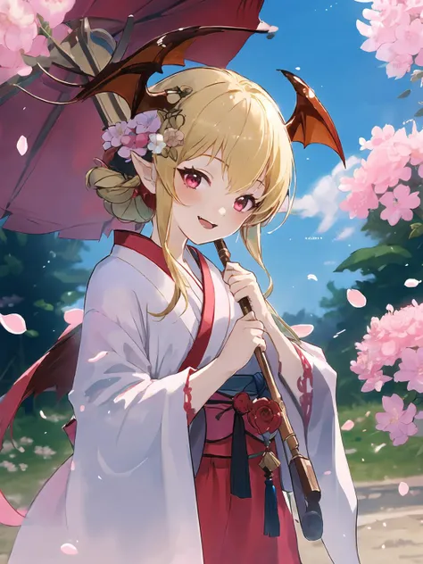 masterpiece,best quality,highres,cinematic lighting,dramatic angle,<lora:VampyAllV1-000020:0.8:lbw=ALL>,1girl,blonde hair,red eyes,head wings,fangs,looking at viewer,smile,kimono,ponytail,braid,blush,VampyKimono,sandals,petals,pointy ears,bangs,holding umbrella,happy,cherry blossoms,brick road,happy,hair ornament,hair flower,