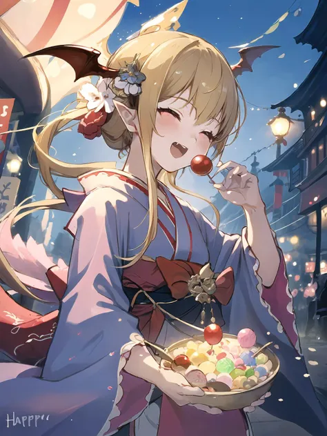 masterpiece,best quality,highres,cinematic lighting,dramatic angle,<lora:VampyAllV1-000020:0.8>,1girl,blonde hair,red eyes,head wings,fangs,looking at viewer,kimono,ponytail,braid,blush,VampyKimono,pointy ears,bangs,japanese style street,happy,handing over the candy to viewer,:o,happy,hair ornament,hair flower,night,festival,walking,crowd,feeding viewer,(half-closed eyes:1.4),close-up,incoming food,feeding,holding candy,