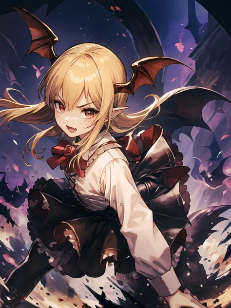 masterpiece,best quality,highres,cinematic lighting,dramatic angle,<lora:VampyAllV1-000020:0.8>,1girl,blonde hair,red eyes,head wings,fangs,looking at viewer,white shirt,corset,frills,black skirt,bowtie,rose,pantyhose,Vampy,bats,serious,angry,fighting stance,dark magic,aura,blood magic