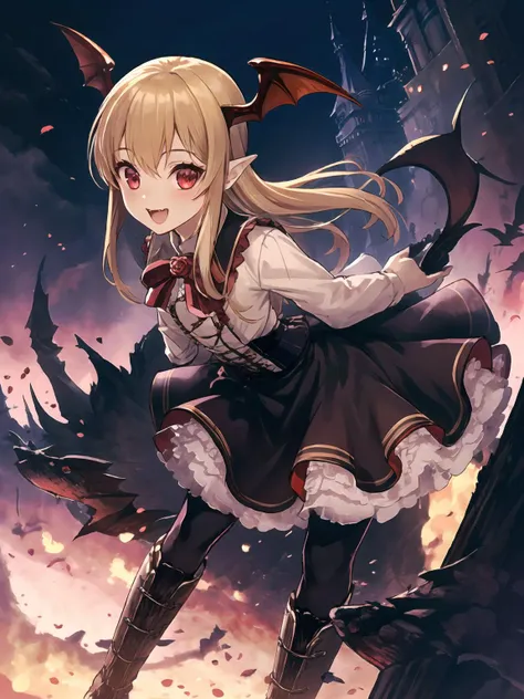 masterpiece,best quality,highres,cinematic lighting,dramatic angle,<lora:VampyAllV1-000020:0.8>,1girl,blonde hair,red eyes,head wings,fangs,looking at viewer,white shirt,corset,black skirt,frills,bats,happy,pantyhose,boots,Vampy,rose,arms behind back,cute,hands behind back,bent over,bowtie,night,castle