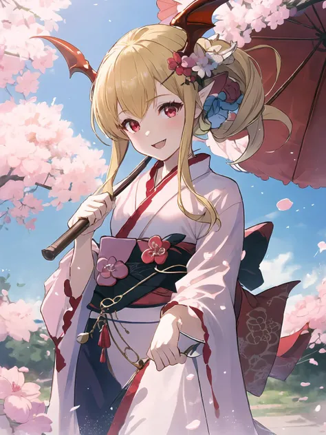 masterpiece,best quality,highres,cinematic lighting,dramatic angle,<lora:VampyAllV1-000020:0.8:lbw=ALL>,1girl,blonde hair,red eyes,head wings,fangs,looking at viewer,smile,kimono,ponytail,braid,blush,VampyKimono,sandals,petals,pointy ears,bangs,holding umbrella,happy,cherry blossoms,brick road,happy,hair ornament,hair flower,