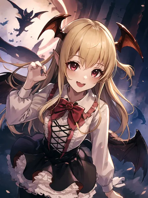 masterpiece,best quality,highres,cinematic lighting,dramatic angle,<lora:VampyAllV1-000020:0.8>,1girl,blonde hair,red eyes,head wings,fangs,looking at viewer,white shirt,corset,black skirt,frills,bats,paw pose,happy,pantyhose,boots,Vampy,rose,arms behind back,cute,hands behind back,bent over,bowtie,