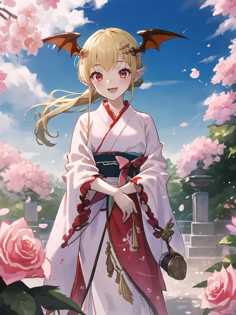 masterpiece,best quality,highres,cinematic lighting,dramatic angle,<lora:VampyAllV1-000020:0.8:lbw=ALL>,1girl,blonde hair,red eyes,head wings,fangs,looking at viewer,smile,kimono,ponytail,braid,blush,VampyKimono,sandals,petals,pointy ears,bangs,holding umbrella,happy,cherry blossoms,brick road,happy,hair ornament,hair flower,