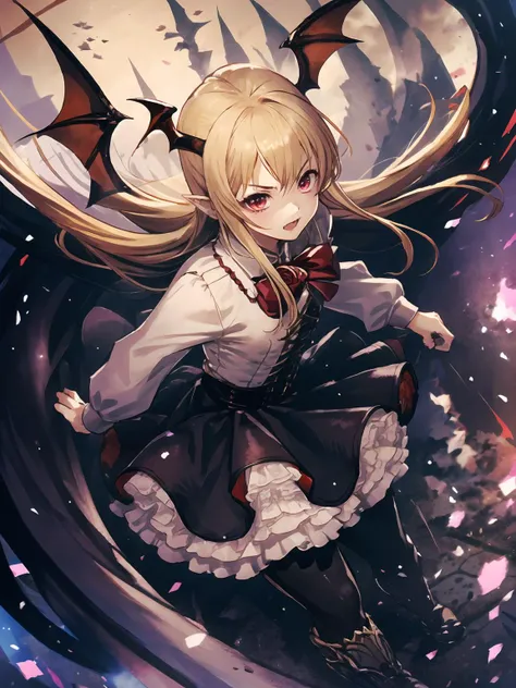 masterpiece,best quality,highres,cinematic lighting,dramatic angle,<lora:VampyAllV1-000020:0.8>,1girl,blonde hair,red eyes,head wings,fangs,looking at viewer,white shirt,corset,frills,black skirt,bowtie,rose,pantyhose,Vampy,bats,serious,angry,fighting stance,dark magic,aura,