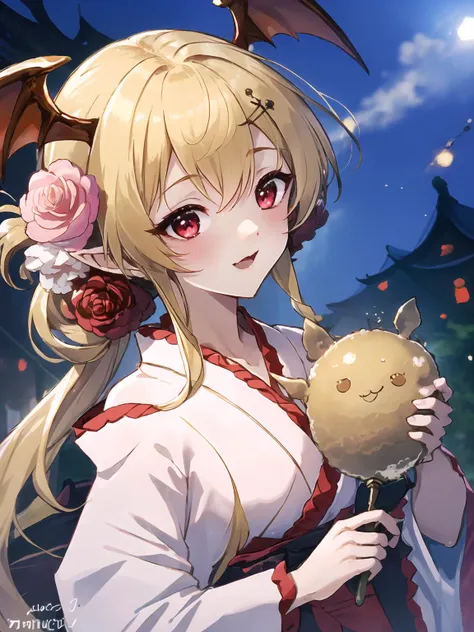 masterpiece,best quality,highres,cinematic lighting,dramatic angle,<lora:VampyAllV1-000020:0.8>,1girl,blonde hair,red eyes,head wings,fangs,looking at viewer,kimono,ponytail,braid,blush,VampyKimono,pointy ears,bangs,japanese style street,shy,hair ornament,hair flower,night,festival,feeding viewer,half-closed eyes,off one shoulder,embarrassed,close-up