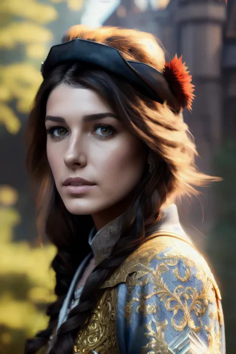 3dmm style,(masterpiece), (extremely intricate:1.3), (realistic), portrait of a shenaeG1 , the most beautiful artwork in the world, (medieval armor), metal reflections, upper body, outdoors, intense sunlight, far away castle, professional oil painting of a stunning woman by Ed Blinkey and Atey Ghailan and Jeremy Mann and Greg Rutkowski, detailed, sharp focus, dramatic, award winning, matte drawing, cinematic lighting, octane render, unreal engine, volumetrics dtx